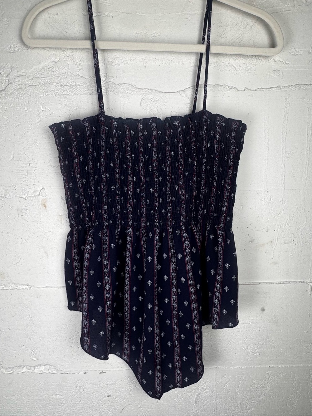 Smocked Navy Blue Printed Spaghetti Strap Women’s Top hanker-chief Y2K bandana